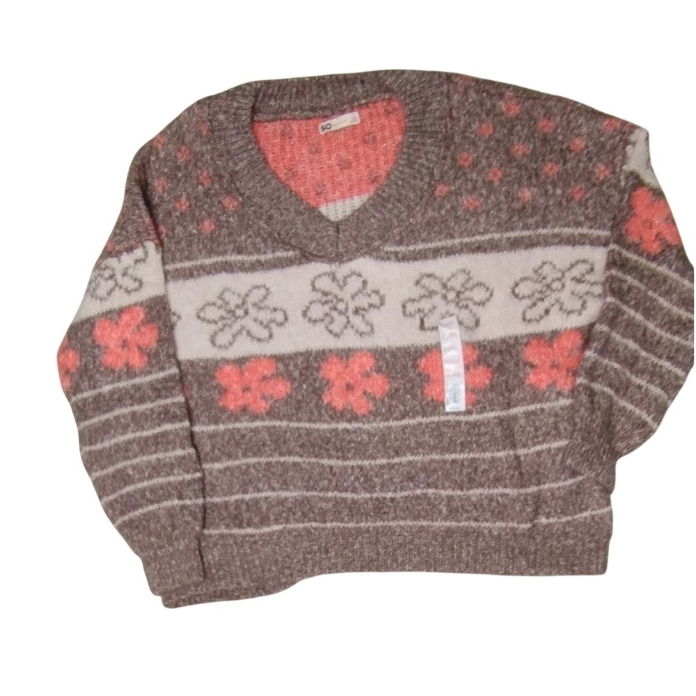 SO Floral Knit V Neck Sweater‎ Brown Pink Pattern Size XXL New Without Tags